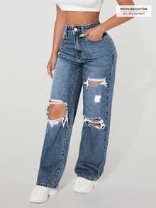 SHEIN PETITE Women's Casual Washed Distressed Straight Leg Jeans ,Petite Women - Blue - View 5