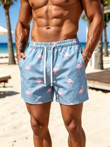 Manfinity KASUA Men's Flamingo Print Drawstring Waist Casual Beach Shorts - 霧霾藍 - 查看 6