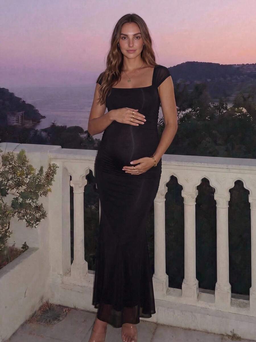 SHEIN 孕婦夏季優雅純色魚尾孕婦裝拍照禮服黑色 - 黑色 - 查看 1