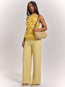 SHEIN BAE Women's Elegant Romantic Mesh Embroidery 3D Floral Camisole Top Paired With Pastel Yellow Suit Pants Two Pieces Set, Spring Summer Garden Party - Light Yellow - View 4