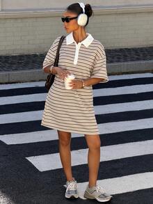 Muchica Damen gestreiftes Kurzarm Polokragen Lässig Minikleid - Khaki - Übersicht 4