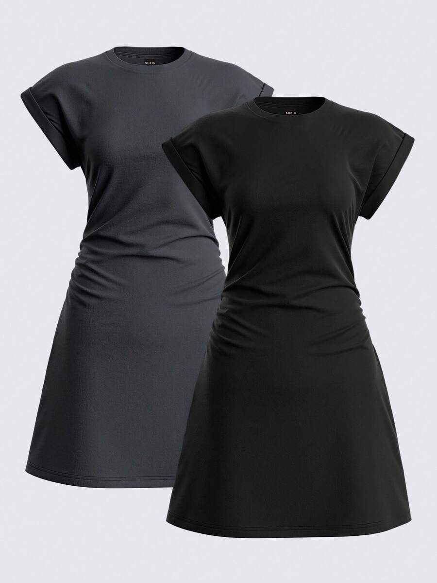SHEIN BASICS 2件組休閒素色針織圓領短袖迷你洋裝女款夏季洋裝 - 彩色 - 查看 1