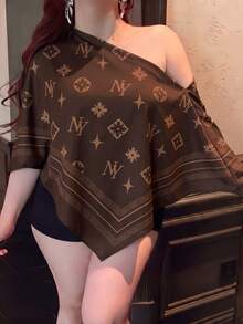 Vibekara 女款大尺碼 2026 夏季休閒優雅印花不對稱領長袖不對稱下擺襯衫，不對稱肩開衩袖寬鬆時尚上衣，復古日落度假印花蝙蝠袖上衣，新品上市，適合日常通勤、大學、外出、度假、辦公室、約會 - 彩色 - 查看 6
