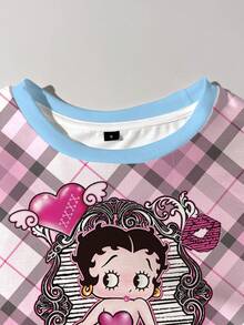 Betty Boop x SHEIN 女款夏季休閒時尚街頭風日常通勤卡通角色格紋印花短袖修身短版T恤 - 白色 - 查看 3