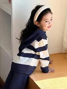 SHEIN Little Byeori 女童拼色連帽長袖針織上衣與長褲套裝，秋季款 - 藏蓝色 - 查看 7