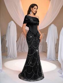 Aureia 優雅奢華緞面抓褶拼接珠飾亮片魚尾裙擺拖尾，適合晚宴派對、單身女派對、約會、舞會、度假、音樂節、畢業季、開學季、婚禮、晚間活動禮服（重工風格） - 黑色 - 查看 6