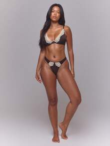 MUSERA Brown Cream Lace Trim Cutout High Leg Thong Knicker - Coffee Brown - View 5
