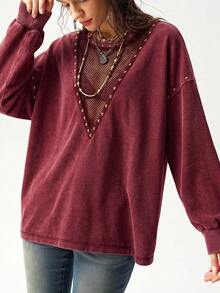 Bohemela Casual Grunge Solid Color Knit Round Neck Long Sleeve Loose Washed Women's Sweatshirt Concert Burgundy Autumn - Burgundy - View 4