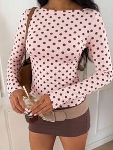 CovetEZ Casual Minimalist Sexy Pink Base Brown Polka Dot Long Sleeve T-Shirt, Suitable For Autumn/Winter Season, Pink Base Brown Polka Dot Makes You Look Fairer - Multicolor - View 1