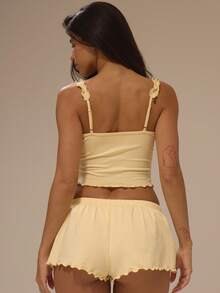 MUSERA Butter Yellow Lettuce Hem Ruffled Edge Bow Trim Cami Tank Top Only Daily Lingerie Sexy Cute Underwear Pajama Muse In Her Era - Yellow - View 4