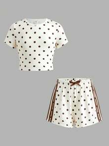 SHEIN Tween女孩波點圓領短袖T恤與短褲套裝 - 黃色 - 查看 6
