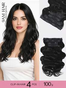 4 piezas de extensiones de cabello humano ondulado para la cabeza completa de 16-20 pulgadas, extensiones de cabello ondulado natural negro Remy para mujeres con clips, extensiones de cabello con clips - Natural Black - Ver 1