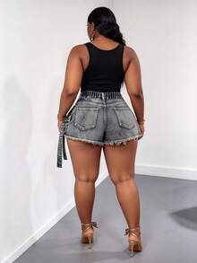 CurvyTilda 大尺碼夏季時尚繞身牛仔工裝短褲休閒款 - 藍色 - 查看 2