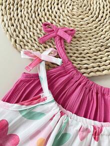 SHEIN Playful Pals 2件組夏季女童洋裝，蝴蝶結肩帶純色與花卉印花洋裝套裝，適合休閒日常穿著，女童專屬 - 彩色 - 查看 3