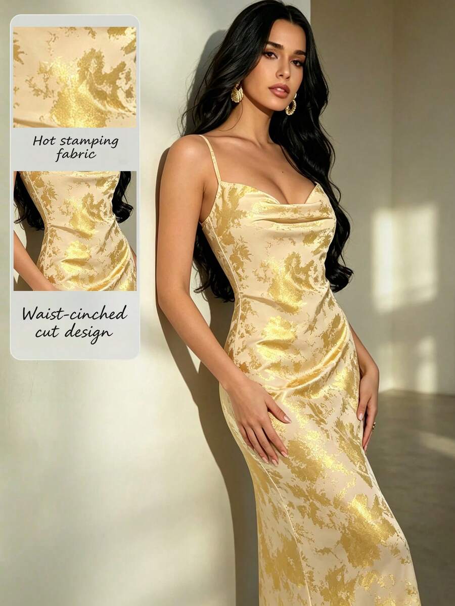 RiviMae Gold Foil Strap Waist Flared Collar Dress For Women, Suitable For Party, Date, Outing, Spring/Summer