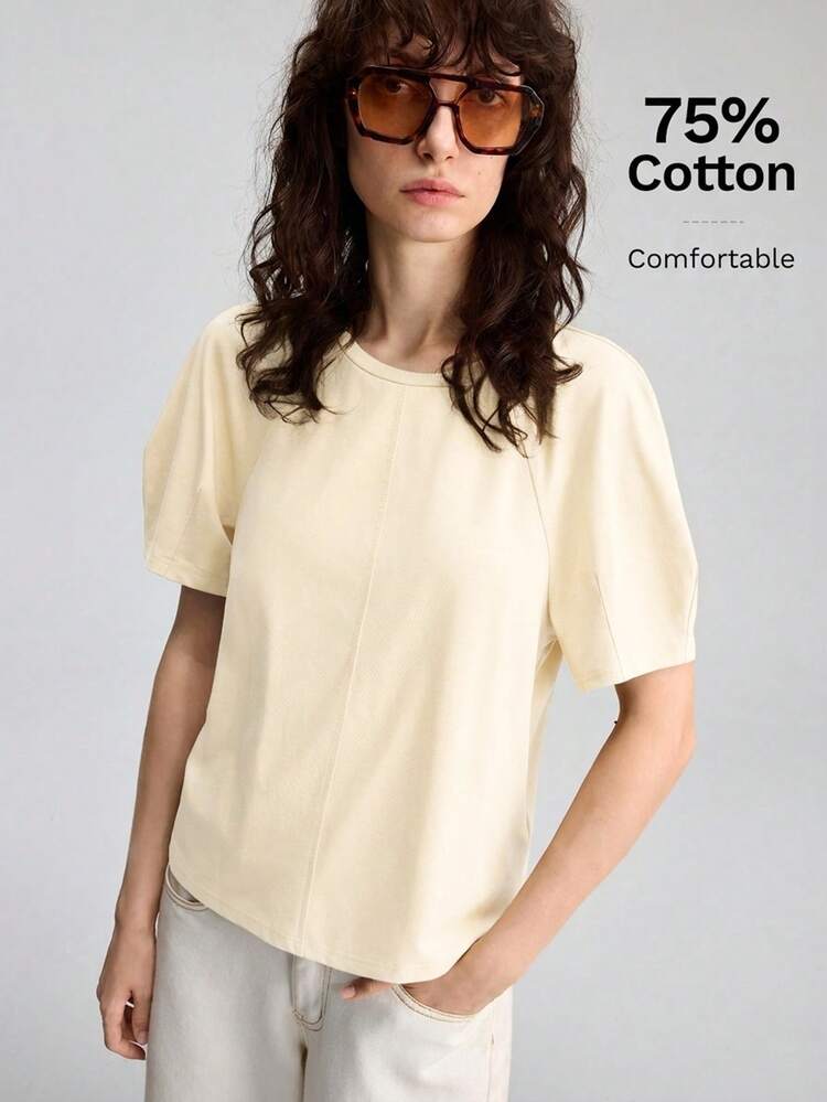 Ontre 2026SS Women's White Linen-Like Polyester-Spandex Round Neck Raglan Sleeve H-Silhouette Patchwork Basic Urban Casual Brunch Wear T-Shirt Summer - Beige - View 3