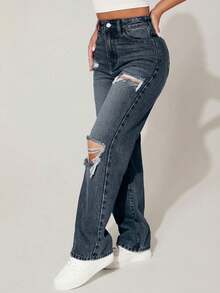 SHEIN PETITE Solid Color Distressed Slant Pocket Casual Versatile Denim Jeans ,Petite Women - Dark Wash - View 2