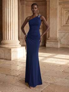 Coutiva Rhinestone Decor Elegant One Shoulder High Slit Bridesmaid Dress - Royal Blue - View 3