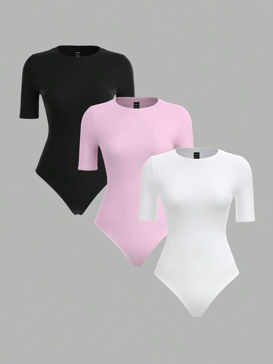 SHEIN BASICS 3件組女款素色針織圓領短袖連身衣夏季套裝 - 彩色 - 查看 1