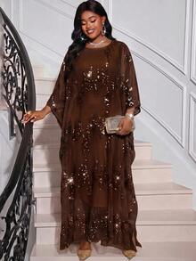 Fleurora Plus Size Elegant French Style Sequin Detail Dress For Evening Party And Date - Coffee Brown - View 4