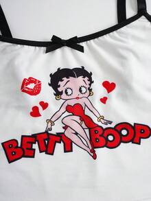 Betty Boop x SHEIN Plus Size Letter & Cartoon Character Print Camisole And Panty Lingerie Set - Black and White - View 3