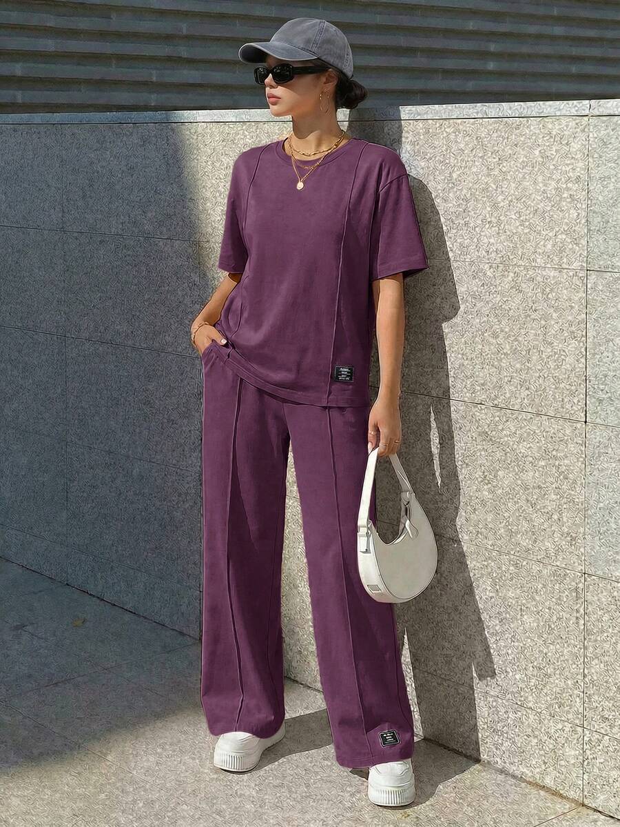 Solavon 2件組女款純色圓領長袖上衣與長褲套裝,休閒日常穿著,居家運動套裝,適合返校穿搭 - 紫色 - 查看 1