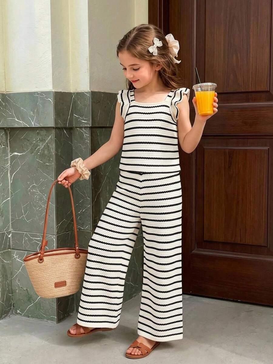 Elladie kids 2pcs Striped Jacquard Knit Square Neck Fitted T-Shirt And Pants Set, Suitable For Casual, Vacation, Summer Wear. Girls 2pcs Set, Ribbed Set, Summer 2pcs Set, Young Girls 2pcs Set, 2pcs Set, Preppy Style 2pcs Set, Girls Set, Outdoor Clothing - Black - View 1