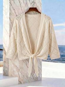 SHEIN Holidaya Cardigan Rajut Wanita Warna Polos Lengan 3/4 dengan Simpul Pinggang dan Lubang di Bagian Dalam - Aprikot - View 7