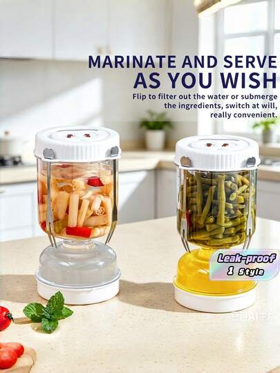 GCTECHING 1 pieza Recipiente para encurtidos con filtro, separación húmeda y seca, adecuado para encurtir pepinos, aceitunas y otros alimentos, viene con tenedor, sello a prueba de fugas, se puede invertir para su uso, reutilizable, adecuado para almacenar pepinos, aceitunas y talla grande.