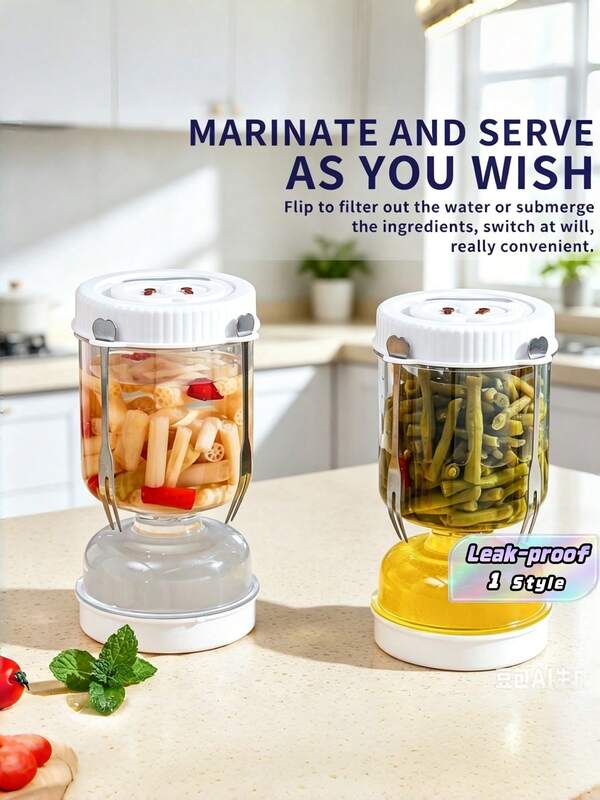 GCTECHING 1 pieza Recipiente para encurtidos con filtro, separación húmeda y seca, adecuado para encurtir pepinos, aceitunas y otros alimentos, viene con tenedor, sello a prueba de fugas, se puede invertir para su uso, reutilizable, adecuado para almacenar pepinos, aceitunas y talla grande.