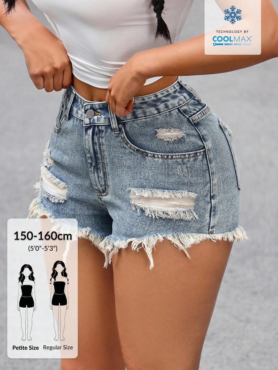 SHEIN PETITE 女款休閒破舊毛邊牛仔短褲,小碼女款 - 藍色 - 查看 1