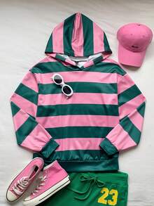 SHEIN EZwear 女士休闲套头卫衣，韩版风格，时尚百搭，适合外穿，彩色条纹图案设计，适合街拍，适合露营，春夏皆宜，也是春夏返校季的理想之选。 - 彩色 - 查看 2
