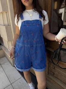 Dripcurv Große Größen Kirsch-bestickte Denim-Latzhose - Blau - Übersicht 3