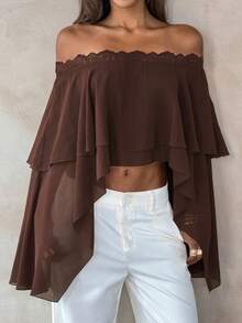 Aloruh Brown Romantic Elegant Date Vacation Vacation Sexy Outing Off-Shoulder Chiffon Lace Patchwork Multi-Layer Ruffle Asymmetrical Women's Blouse Autumn - Brown - View 6