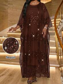 Fleurora Plus Size Elegant French Style Sequin Detail Dress For Evening Party And Date - Coffee Brown - View 6