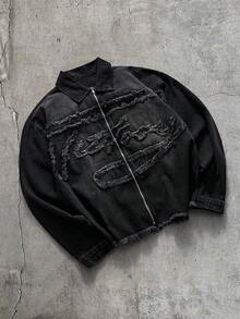 AXEPEAK 男士黑色拉鍊貼花刺繡上衣 - 黑色 - 查看 4