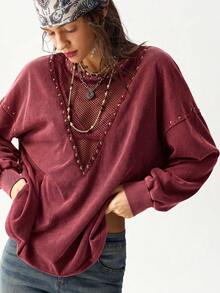 Bohemela Casual Grunge Solid Color Knit Round Neck Long Sleeve Loose Washed Women's Sweatshirt Concert Burgundy Autumn - Burgundy - View 2