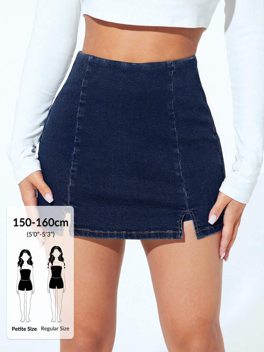 SHEIN PETITE 夏季時尚高腰側開衩牛仔裙褲,適合嬌小女性 - 深色水洗藍 - 查看 1