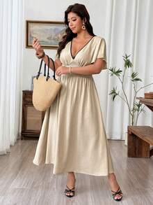 Weeklong Plus Size Women Deep V-Neck Colorblock Pleated Casual Daily Summer Dress Fall - Apricot - View 1