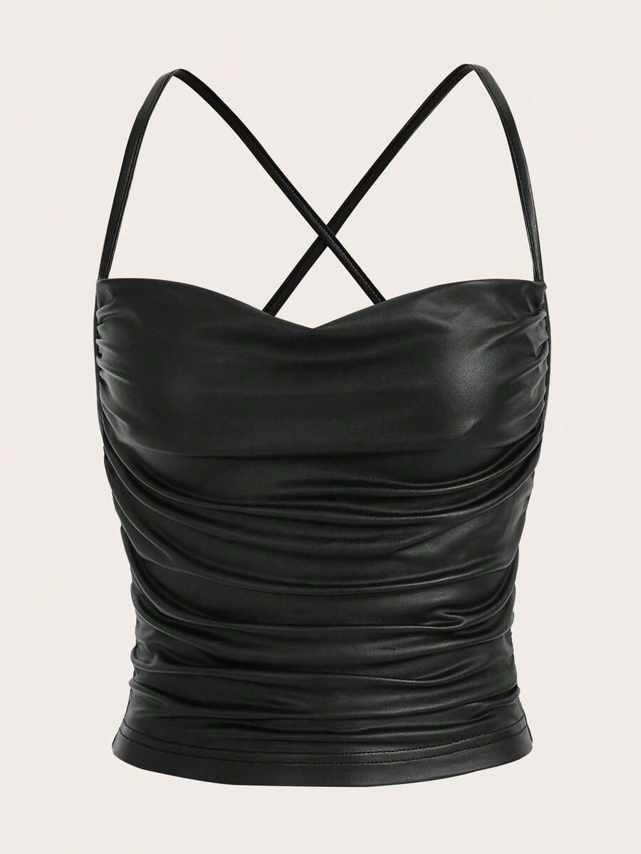 SHEIN ICON Draped Front Crisscross Backless PU Leather Cami Going Out Tops - Black - View 1