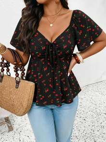 SHEIN Frenchy Casual Spring/Summer Cherry Print Off-Shoulder Drawstring Plus Size Women's Black T-Shirt, Vacation Top - Multicolor - View 6