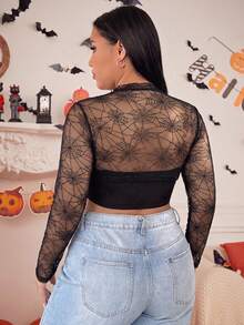 Muchica Plus-Size Women's New Halloween Spider Web Print Cropped Top Winter - Black - View 2