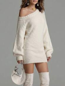 LUMIGAL Women's Cold Shoulder Asymmetric Cold Shoulder Lantern 3/4 Sleeve Ribbed Hem Knit Dress Going Out Date White Autumn Casual Sexy - Apricot - View 6