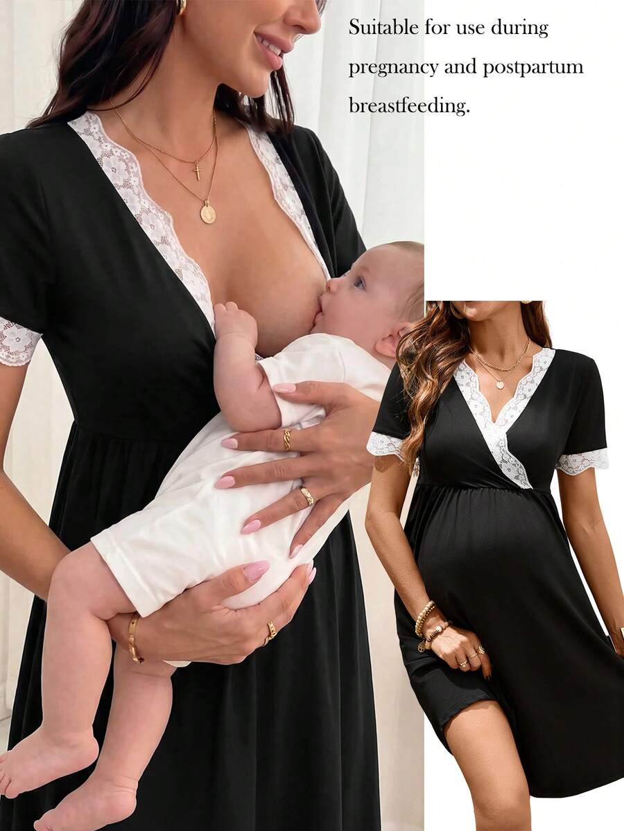 SHEIN 孕妇及哺乳期撞色蕾丝短袖优雅连衣裙,夏季 - 黑色 - 查看 1
