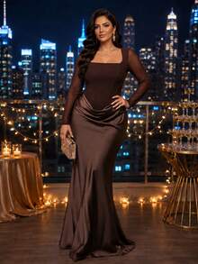 SHEIN Lady CURVE 大尺碼女款棕色長袖方領網紗優雅洋裝 - 棕色 - 查看 8