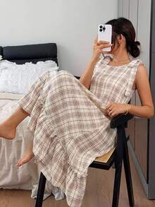 DAZY 格紋無袖綁帶荷葉邊長款睡裙 夏季女款居家休閒連身裙 - 杏色 - 查看 6