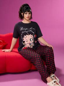 Betty Boop x SHEIN 大码卡通图案短袖上衣和心形印花裤睡衣套装 - 黑色 - 查看 5