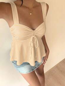 SHEIN 白色休闲女式抽绳吊带背心，户外上衣，度假风，可爱夏日上衣 - 杏色 - 查看 5