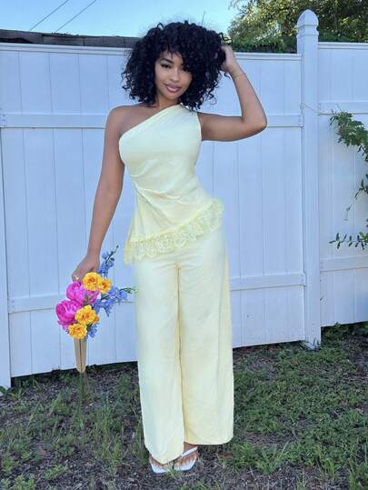 Alexandranx Women's Lace Patchwork Blouse & Wide Leg Pants 2 Pieces Set,Pale Yellow Summmer Tropical Vacation Holiday Beach Outfits Boho Asymmetrical Off-Shoulder