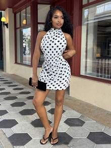 Alexandranx Minimalist Commuter Neck Tie Backless Bodycon Ruched White Polka Dot Mini Dress For Women,Dresses Elegant Summer Party - Black and White - View 7
